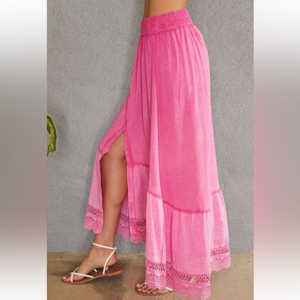 NEW BOHEMIAN BRAIDED ELASTIC WAIST LINEN COTTON PINK MAXI SKIRT - Picture 3 of 7